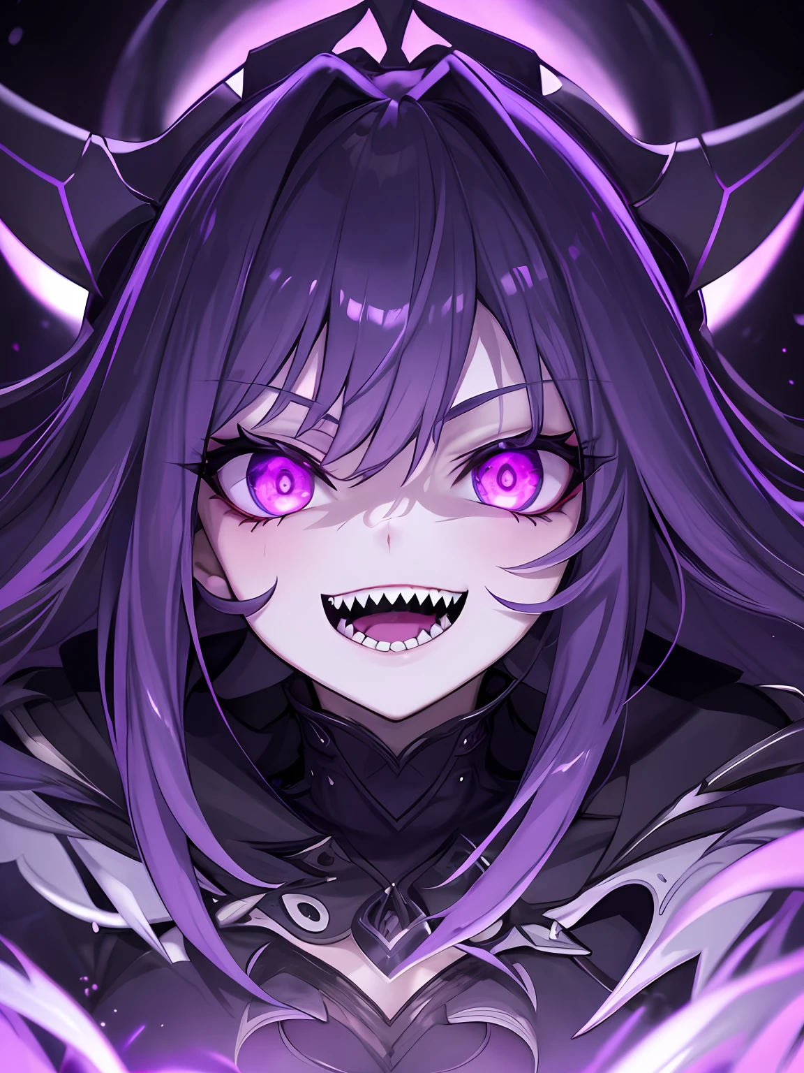 1girl , night hunter, glowing violet eyes, night, sharp teeth, open mouth, mischivous smile, scary, close up
hard lighting, best quality, intricate, highly detailed, masterpiece,