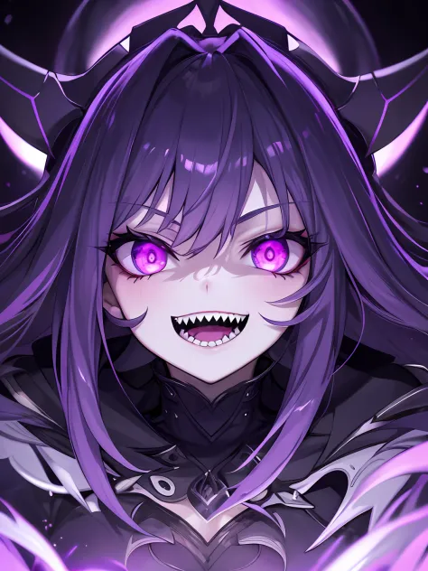 1girl , night hunter, glowing violet eyes, night, sharp teeth, open mouth, mischivous smile, scary, close up
hard lighting, best...