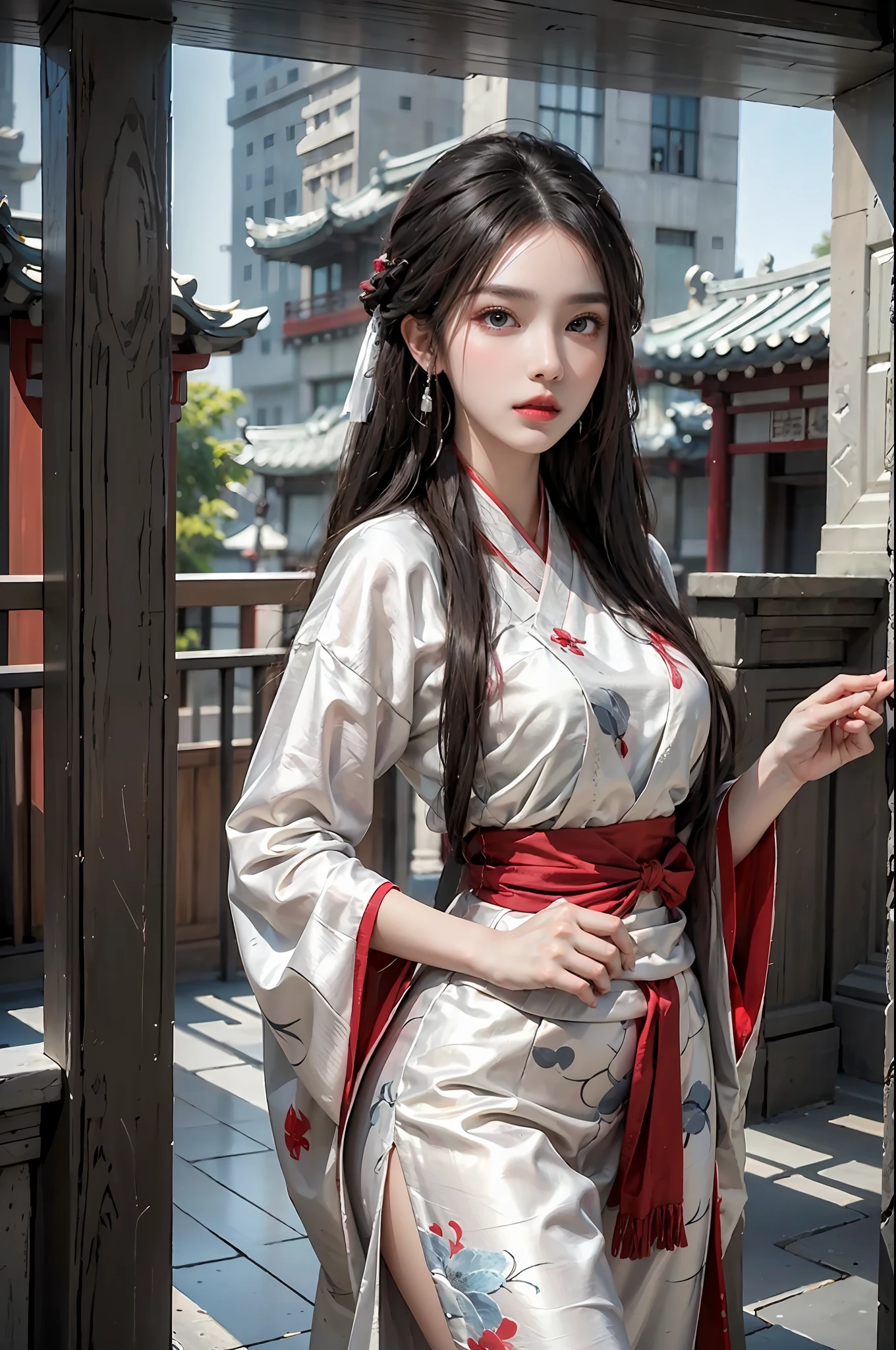写実的な, 高解像度, 1 女の子, ヒップアップ, 美しい目, 明るい黒髪,長い髪, 精巧な錦織りの漢服, ゴージャスなアクセサリー, 真珠のイヤリングをつけている, カラフルな服, 中国の建築