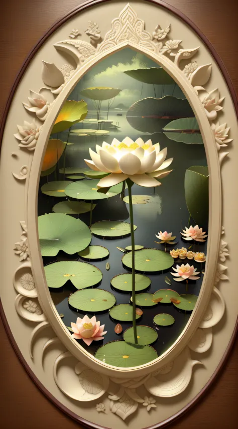 Lake water, (lotus flowers), lotus leaves,relief, meticulously carved, ivory carving, pastel,, oriental landscape painting, mult...