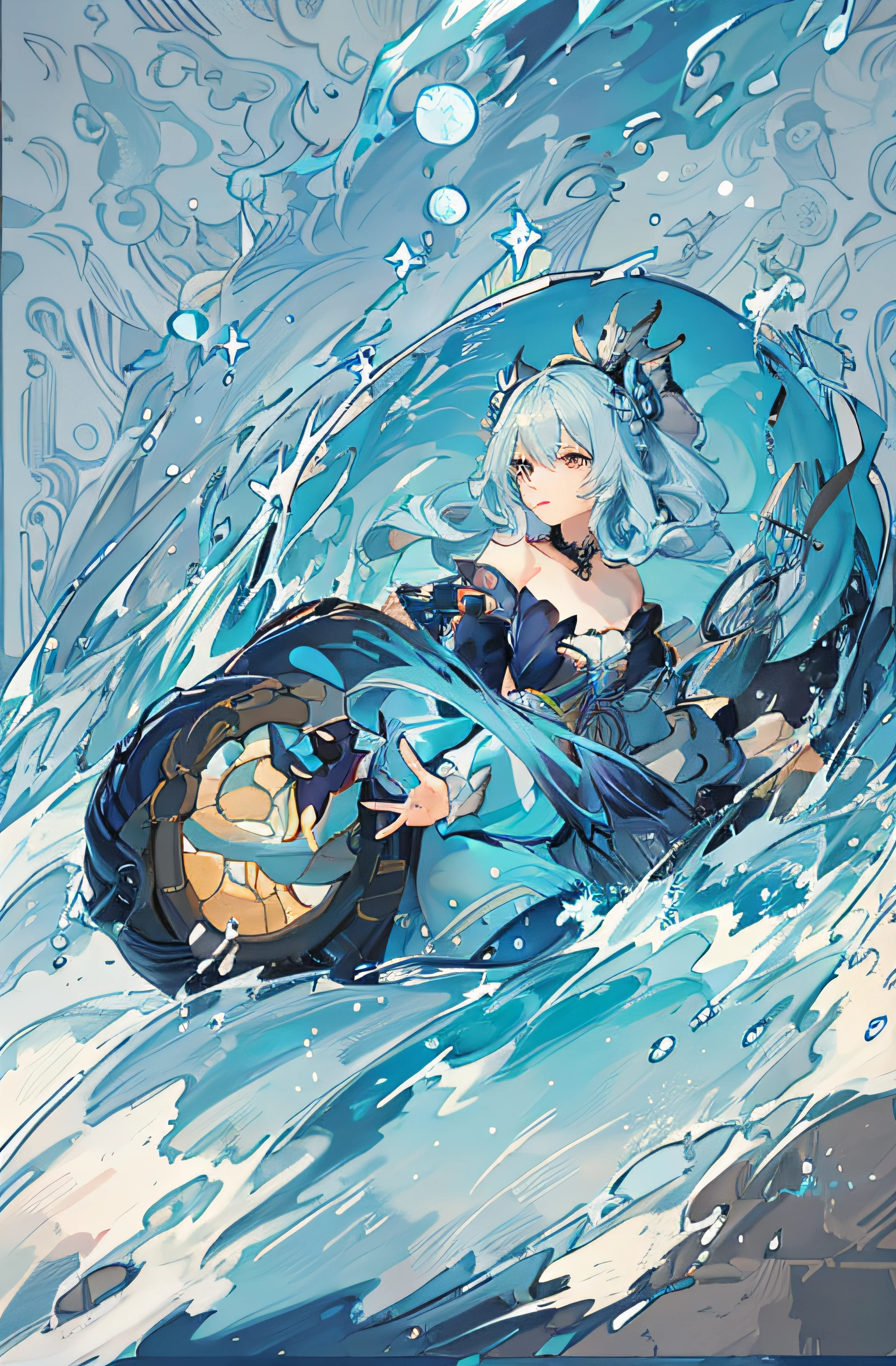 anime - style illustration of a woman in a boat in the ocean, goddess of the ocean, goddess of the sea, trending on artstation pixiv, rimuru tempest, official artwork, queen of the sea mu yanling, artbook artwork, art of kirokaze pixel, water element, high detailed official artwork, pixiv contest winner