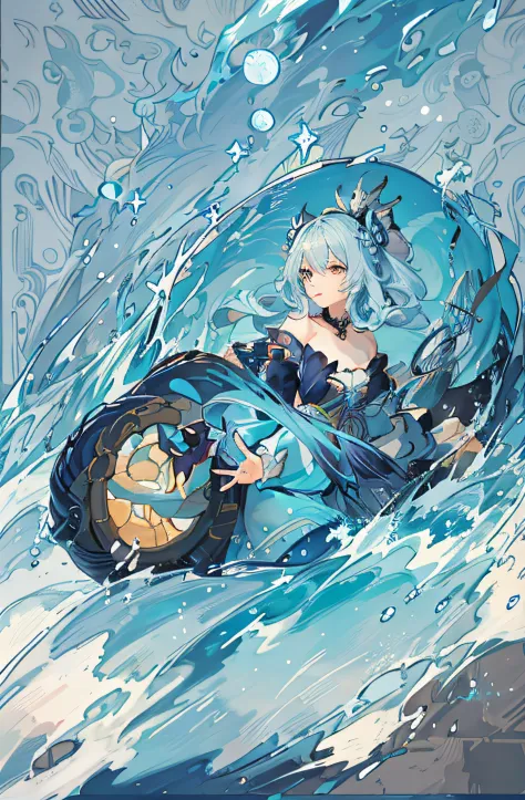 anime - style illustration of a woman in a boat in the ocean, goddess of the ocean, goddess of the sea, trending on artstation p...