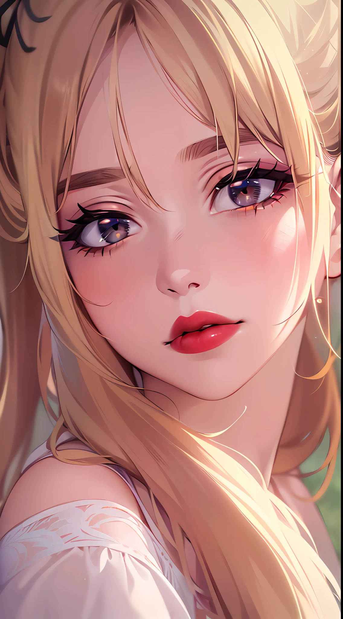 (8k, 4k, best quality, highres, ultra high res:1.1), (masterpiece, realistic, photo-realistic:1.1), 1girl,  face, close-up, twintails, blonde hair, black eyes, red lips,  (looking at viewer:2), absurdly long hair, long eyelashes, eyeshadow,  small face, big eyes,
bare shoulders,
high contrast,