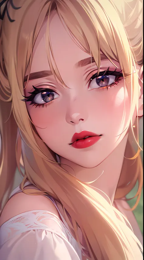 (8k, 4k, best quality, highres, ultra high res:1.1), (masterpiece, realistic, photo-realistic:1.1), 1girl,  face, close-up, twintails, blonde hair, black eyes, red lips,  (looking at viewer:2), absurdly long hair, long eyelashes, eyeshadow,  small face, bi...