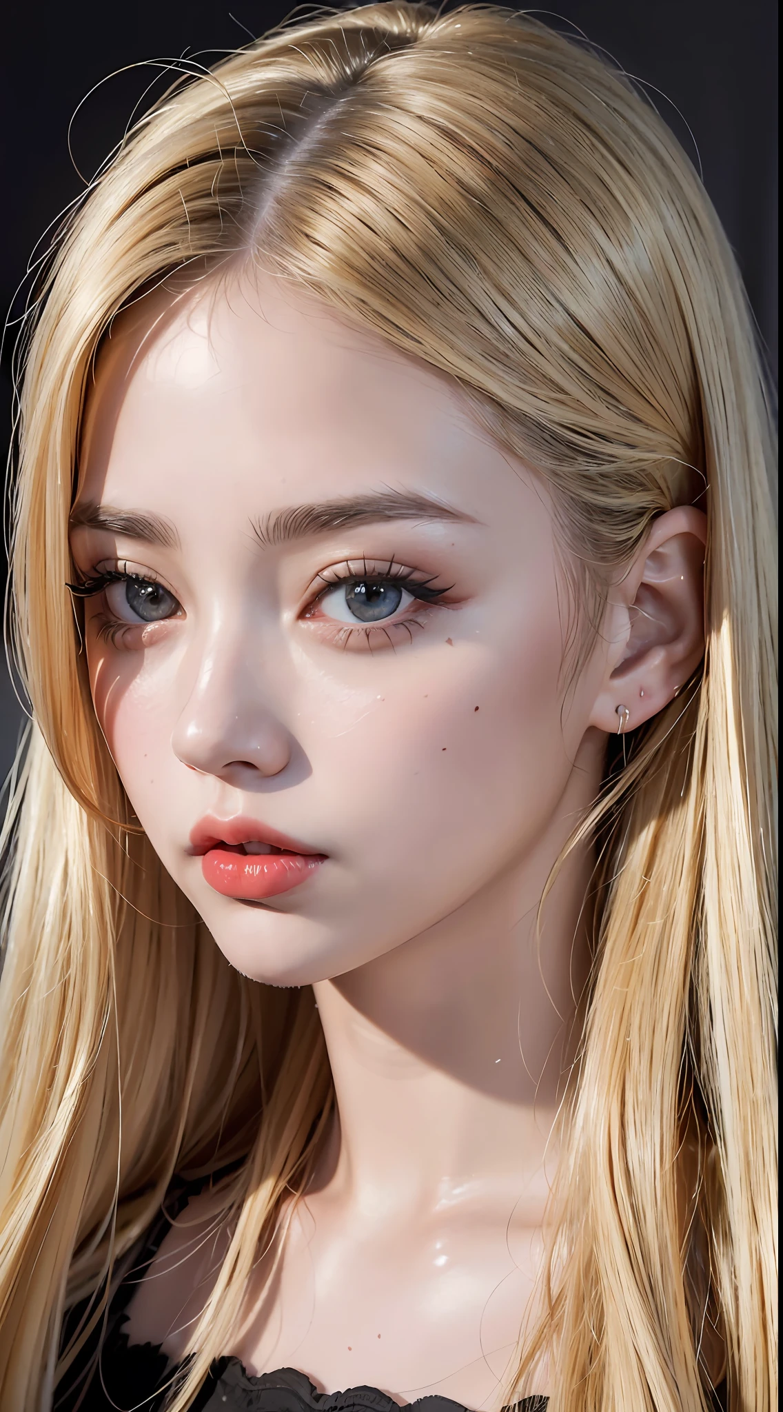 (8k, 4k, best quality, highres, ultra high res:1.1), (masterpiece, realistic, photo-realistic:1.1), 1girl,  face, close-up, twintails, blonde hair, black eyes, red lips,  (looking at viewer:2), absurdly long hair, long eyelashes, eyeshadow,  small face, big eyes,
bare shoulders,
high contrast,