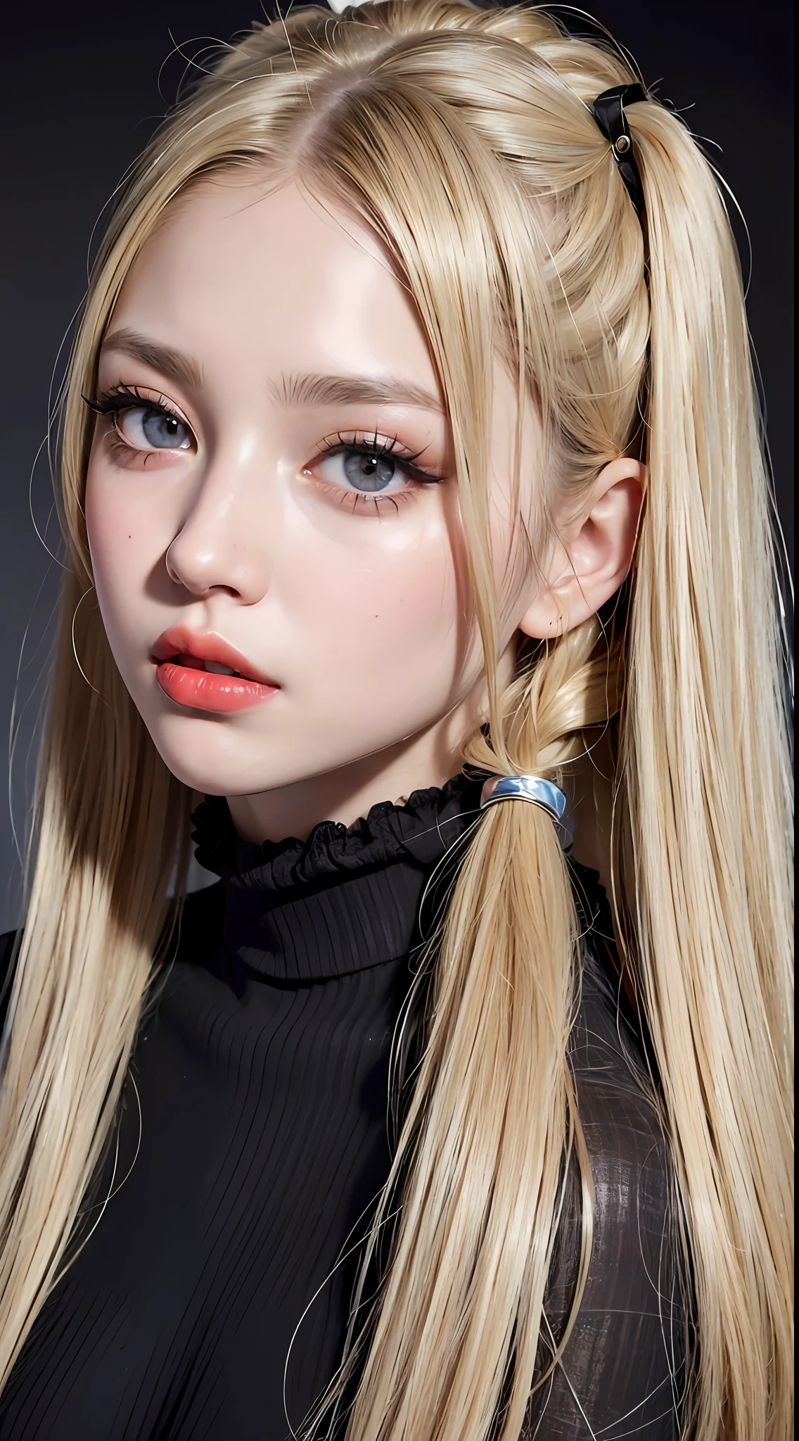 (8k, 4k, best quality, highres, ultra high res:1.1), (masterpiece, realistic, photo-realistic:1.1), 1girl,  face, close-up, twintails, blonde hair, black eyes, red lips,  (looking at viewer:2), absurdly long hair, long eyelashes, eyeshadow,  small face, big eyes,
bare shoulders,
high contrast,