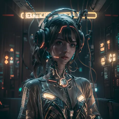 1girll，perfect facial features，delicated face，(((clean face)))，(cyber punk perssonage:1.3)，bring headphones，illuminated helmet a...