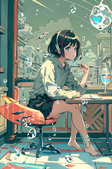 linear art, 
1girl in, Solo, Short hair, Black hair, Long sleeves, Sitting, Barefoot, Indoors, hoods, Bare legs, phone, The table, knees up, desk work, Fish, Bubble, under the water, Air bubble,chiquita