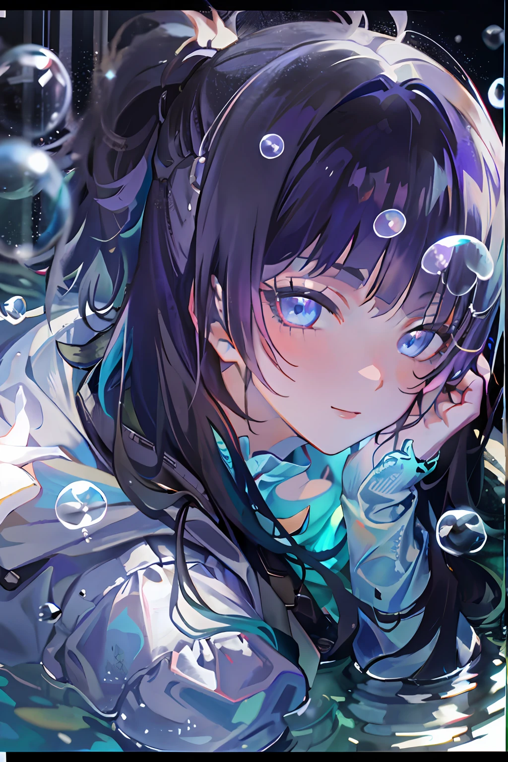 ((top-quality)), ((​masterpiece)), ((ultra-detailliert)), (extremely delicate and beautiful), girl with, 独奏, cold attitude,((Black jacket)),She is very(relax)with  the(Settled down)Looks,A dark-haired, depth of fields,evil smile,Bubble, under the water, Air bubble,bright light blue eyes,Inner color with black hair and light blue tips,Cold background,Bob Hair - Linear Art, a miniskirt、knee high socks