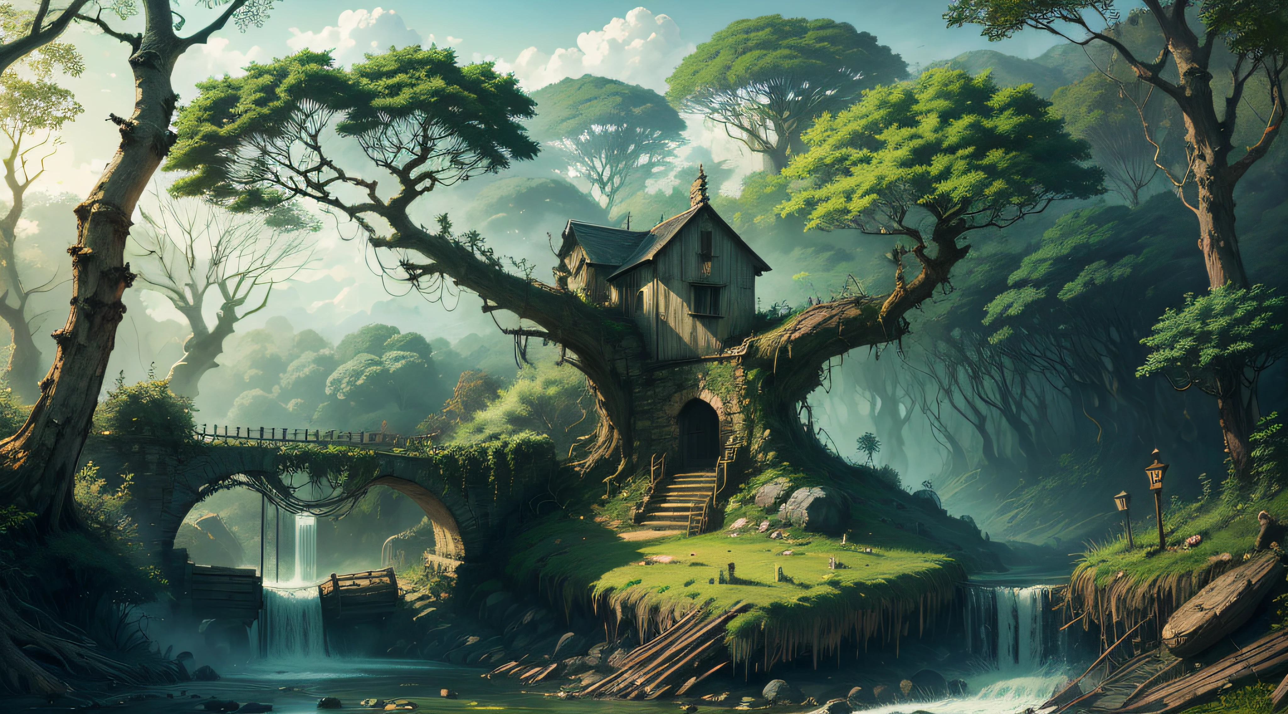 Gigantic colorful trees with many vines, palmtrees, coconut tree, fallen logs, a watermill with a waterwheel, Windmill Mill, in a lush waterfall, river with big hyper realistic rocks, sky with clouds, floor, moonligh, global ilumination, Depth of field,