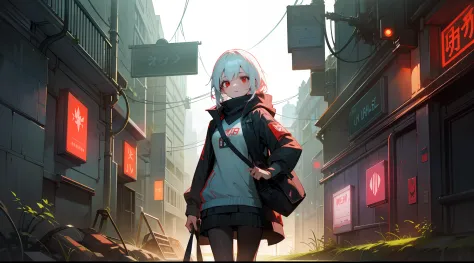 "（High quality wallpapers）（Mist abandoned cyberpunk underground streets，brokenglass、Decoration of moss and vines），Unique lighting effects，Girl with red eyes and white hair，Carrying a bag"