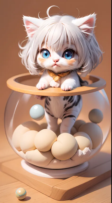 A white-haired kitten，adolable，spherical，afloat，shaggy，Big eyes，Simple，Morandi color system