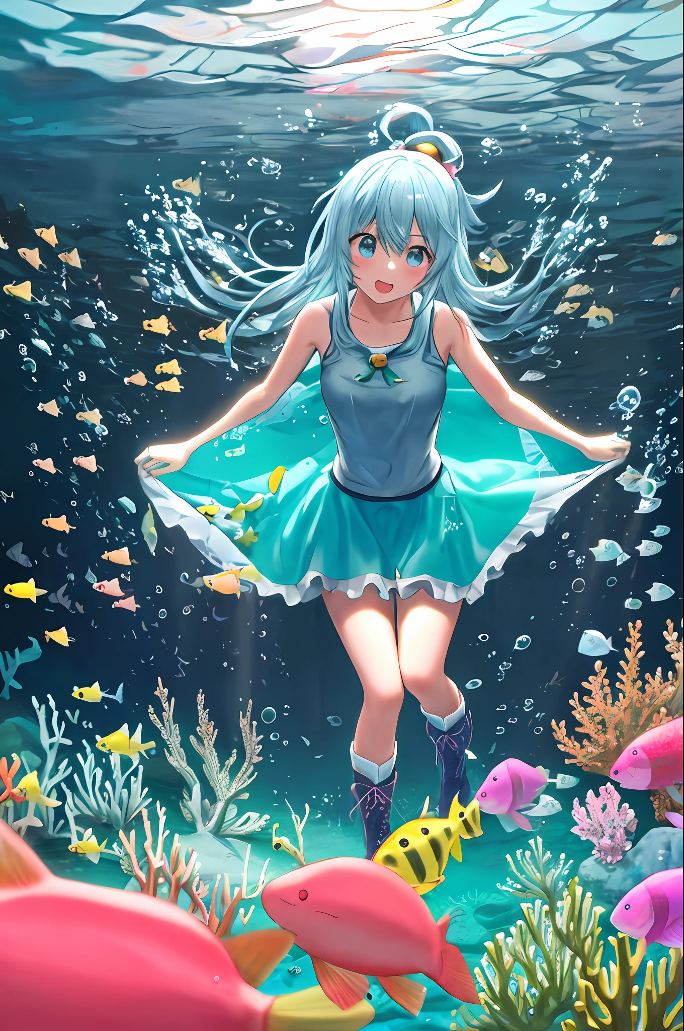 aqua \(konosuba\), estilo mksks, (fundo muito detalhado:1.0), (fundo altamente detalhado:1.0), obra-prima, melhor qualidade, (1girl), solo, flutuando, swimming, (oceano: 2), olhos azuis, blue footwear, cabelo azul, coxas azuis, blush, botas, seios, bolha, mangas destacadas, ornamento de cabelo, hair rings, perna para cima, cabelo longo, olhando para o espectador, middlebreasts, hand open, single hair ring, saia, sorriso, solo,  botas de coxa, coxas, cabelos muito longos, (deep underwater:1.2), chromatic aberration, profundidade de campo, soft-lighting, (peixe pequeno:1.2), coxas brancas, kono subarashii sekai ni shukufuku wo!, Shark.