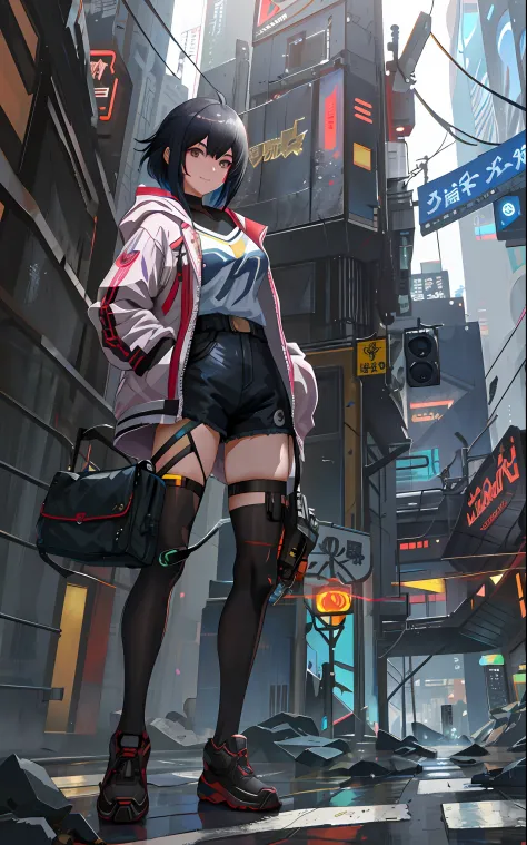 anime girl in short shorts and jacket standing, artwork in the style of guweiz, cyberpunk anime girl, trending on cgstation, guweiz, by Russell Dongjun Lu, digital cyberpunk anime art, guweiz on artstation pixiv, ross tran 8 k, tall 5,6 feets, model, model...