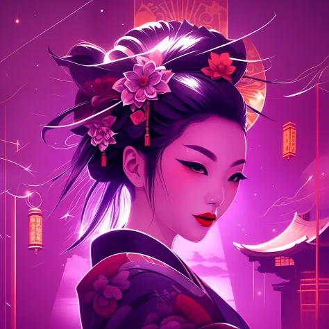 Graphic illustration，geisha，closeup cleavage，dojo，rays of moonlight，tmasterpiece， super detailing， Epic composition， hyper HD， h...