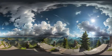 Isometric Panorama 360, modelshoot style, (highly detailed 8k CG unit wallpaper), sky with clouds and sun shining, real amazing clouds, spectacular view from mountain top, concrete ruins, abandoned world, ultra detailed Unreal Engine 4k 8k ultra HD, many t...