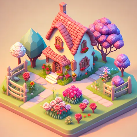 Isometric house, RPG style, cartoon, DnD, fantasy, mobile game, garden with lots of flowers, gardening, colorful roses