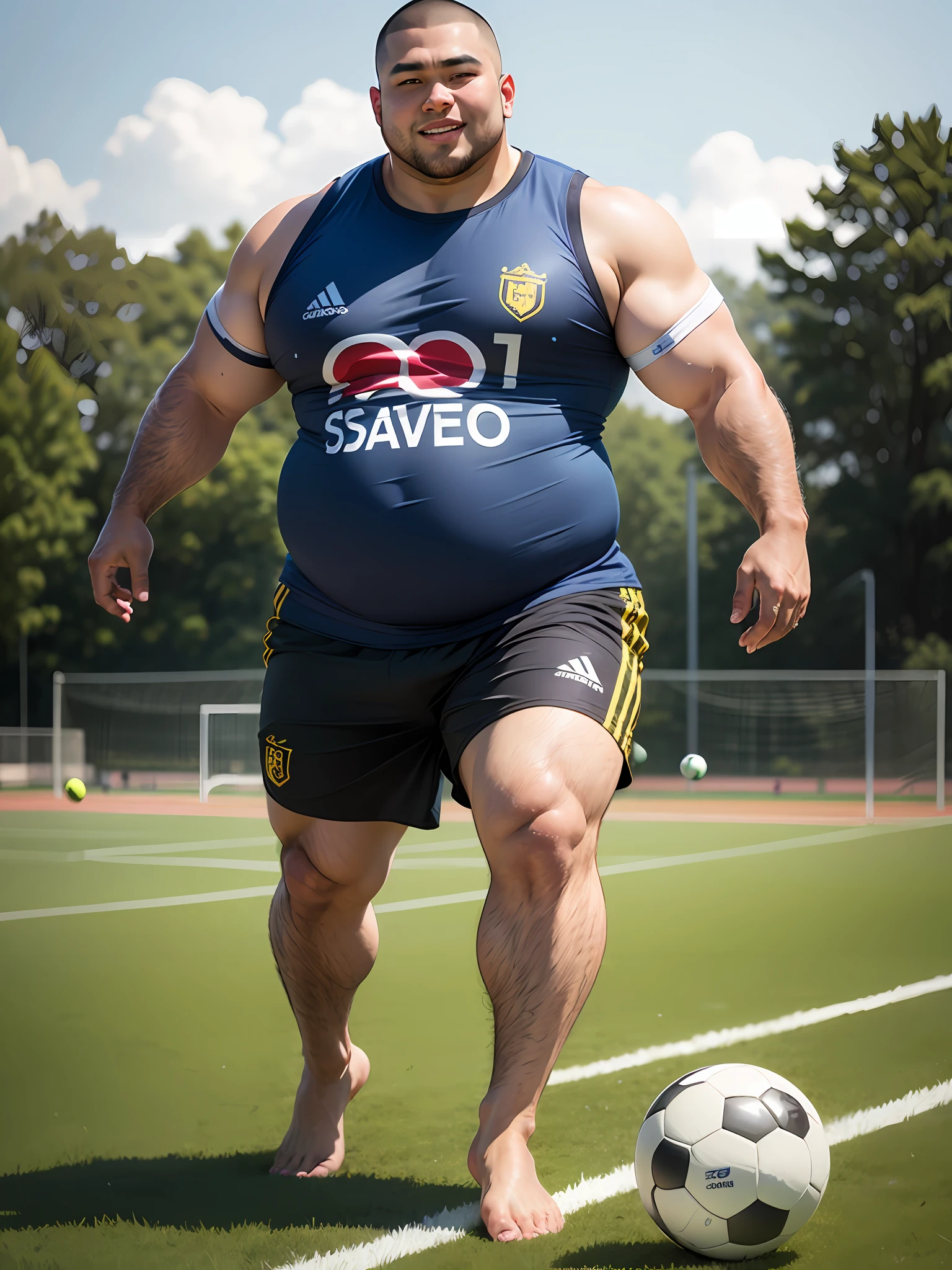 Arafed man in a blue shirt and black shorts kicking a soccer ball - SeaArt  AI