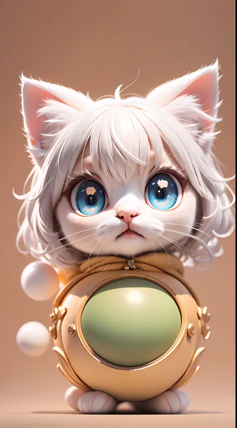 A white-haired kitten，adolable，spherical，afloat，shaggy，Big eyes，Non-human，Simple，Morandi color system