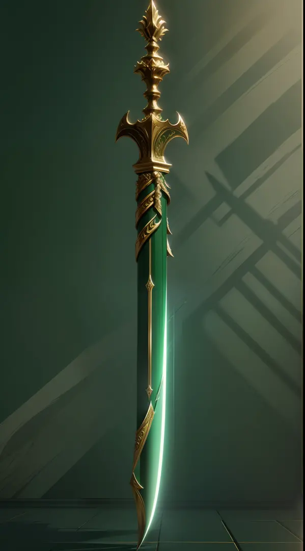 espada verde e dourada, castlevania, espada flutuante, detalhes em dourado, green blade, sun illumination, alta qualidade, 4k,