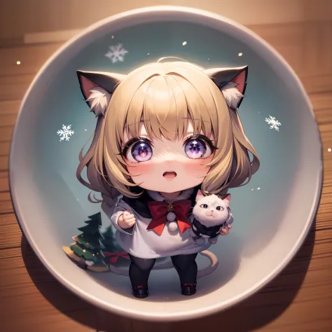 Chibi Cat、white backgrounid、kawaii、a blond、snowy background、Christmas Characters、Merry Christmas Characters、showy、