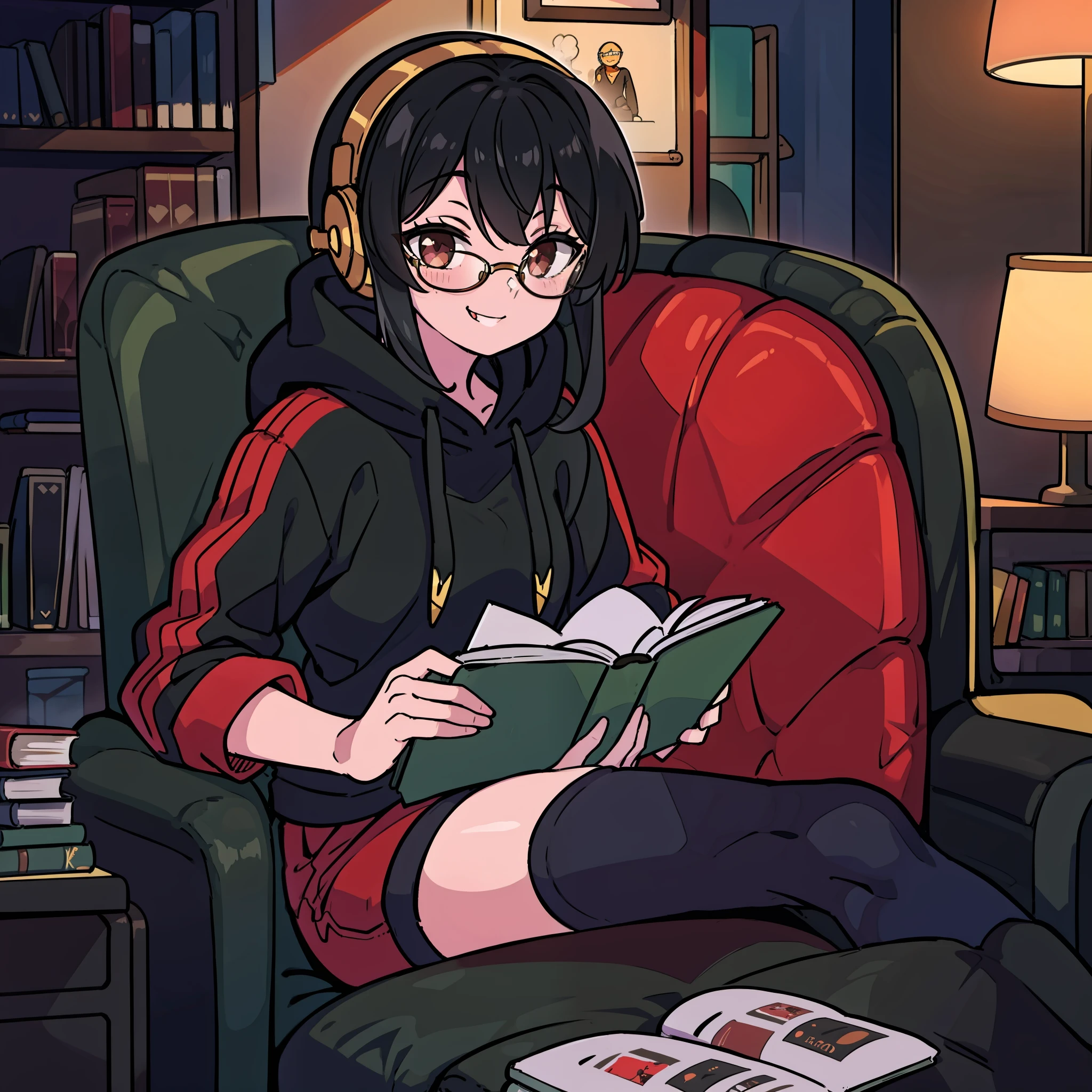 Human girl wearing gold glasses and black headphones. Reading a book on her desk with a little demon next to her. Black hair, wearing a black hoodie and red shorts and black stockings, dark brown eyes with a smile on her face. Solo, 1girl, high quality, masterpiece