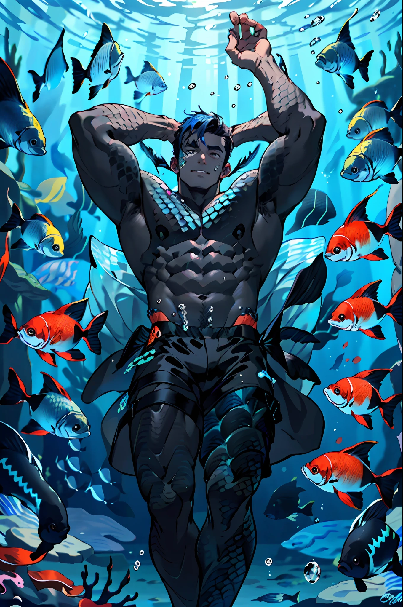 handsome man, on an obsidian beach with water covering lower body, lying on back and holding his own legs up, knees bent, muscular thigh. Top view , expression of ecstasy, fish scale skin, mermaid skin, (black fish scale skin:1.5), mermaid man with fish scales skin, mermaid man with fish scales on legs