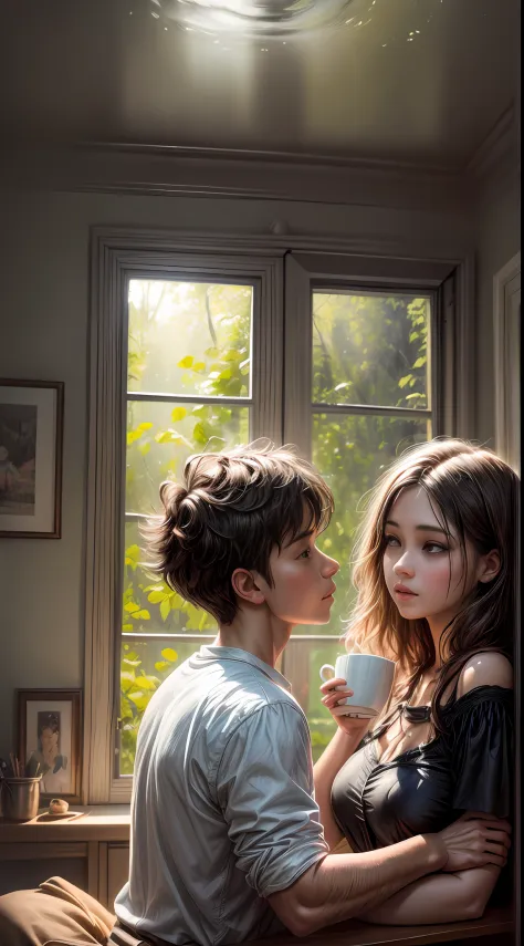 A dreamy painting that portrays a boy and a girl immersed in conversation, sipping coffee in a cozy living room surrounded by lu...