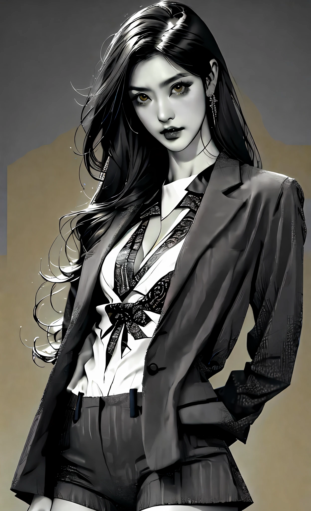 (beste-Qualit), (tmasterpiece), (Gloomy color scheme:1.5), ((Close-up of a girl in a suit)), 1girl in costume, androgynous vampire, junji ito 4 k, with long dark hair, ito junji art, style of junji ito, Dark Costume, portrait of sadako of the ring, Gentle androgynous princess , Beautiful androgynous princess , with her long black hair, girl in suit, (big yellow eyes:1.3), fangs, detailing, (generous cleavage), Burst breasts, extra high resolution, 8K, (The blood on her lips runs down her neck), (Lovely Medium Breasts), perfect anatomy, (Gloomy color scheme:1.5), (shapely body), Microthongs, Beautiful slender legs, white socks, Short socks, sexypose, (Hands Behind Your Back:1.2), (Looking down), (The gaze is directed downwards),