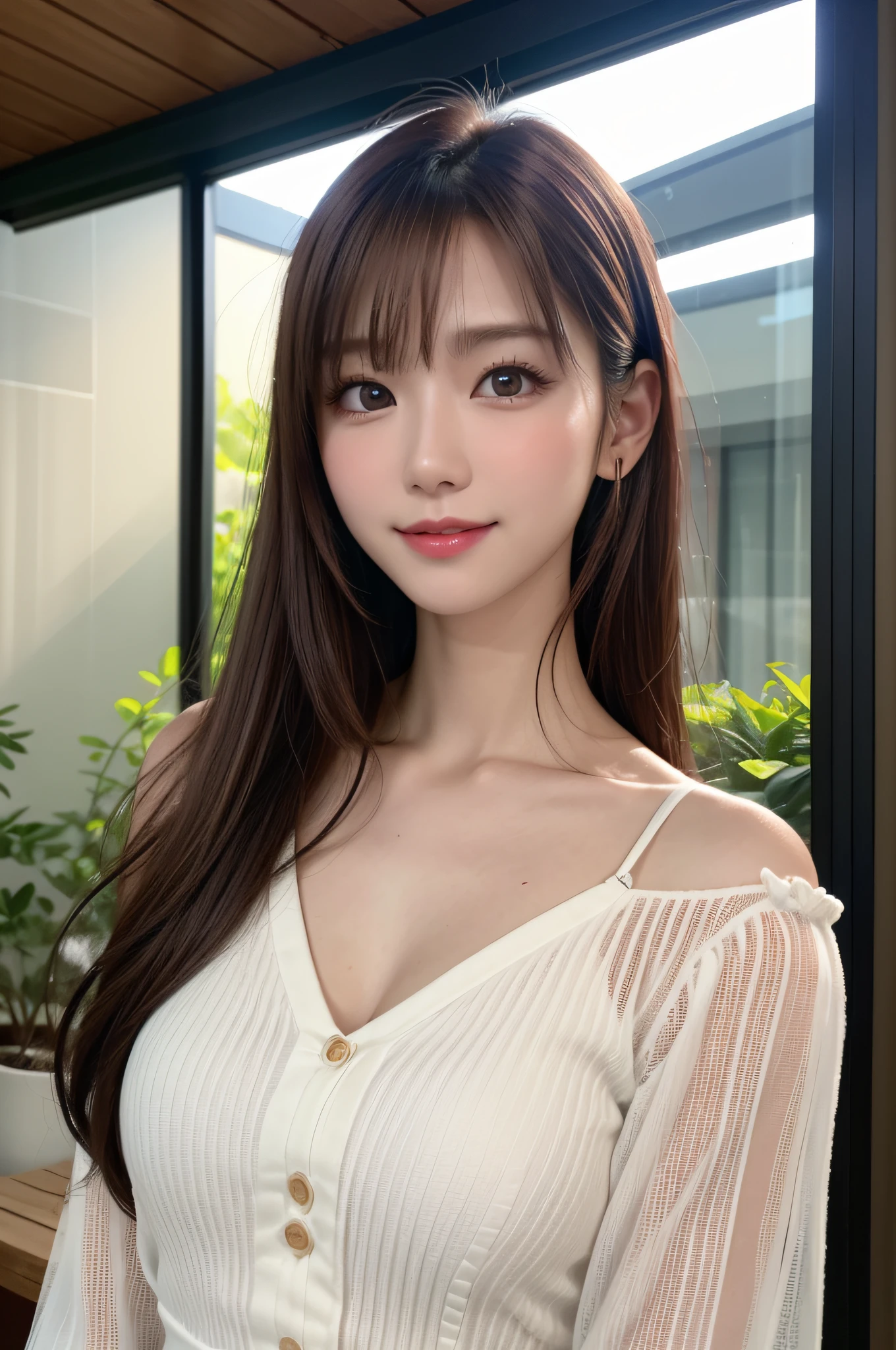 White see-through blouse,Face Interview, (Photo Real:1.4), (hyper realisitic:1.4), (realisitic:1.3), (Smooth lighting:1.05), (Improve video lighting quality:0.9), 1womanl, a 20 yo woman, Realistic lighting, Back lighting, Facial light, raytrace, (cheerfulness:1.2), (Improved image quality:1.4), (Finest Real Textured Skins), finely eye, a small face, Red teak,eyeshadows, A slender, medium breasts⁩,Pointed jaws, Korean Idol, Nogizaka Idol, glowy skin, hposing Gravure Idol, P, Blunt bangs, light brown hair, hair behind ear, hair over shoulder, Long hair,Tear bag，Summer coast、