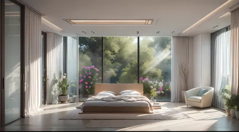 Minimalist bedroom，Rare flowers and plants（1:0.02），suns rays，The right way to place your home，an award winning masterpiece，Incre...