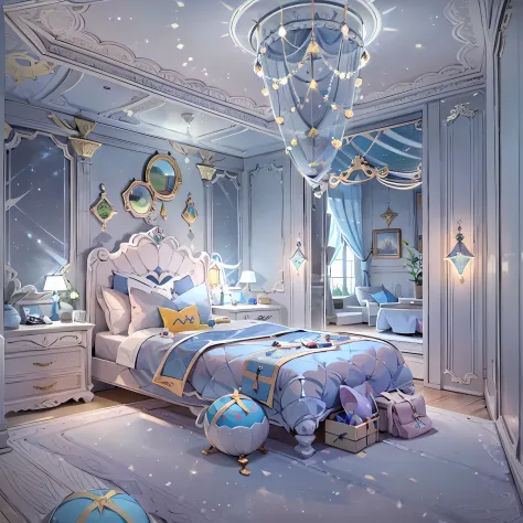 （girl's room with a light blue touch，speckled glass crystal decorations）