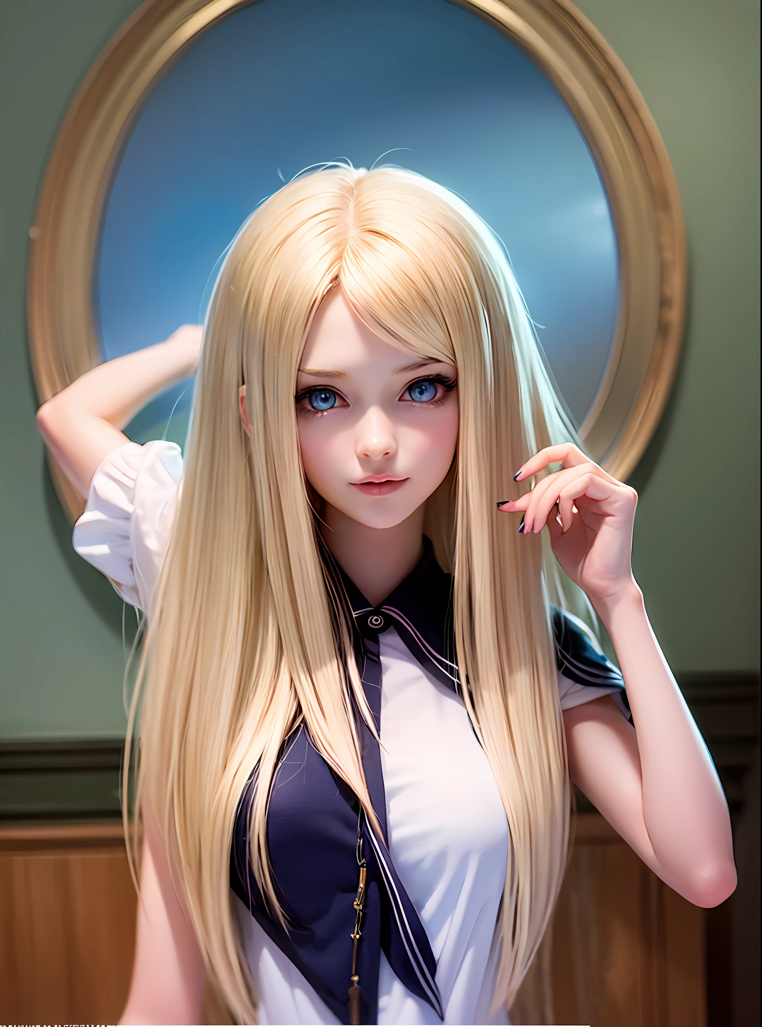 Authentic photo quality、Extraordinary beauty、Gentle and cheerful look、lustrous beautiful skin、White muscle、Sexy and refreshing perfect beautiful cute face、Glowing bangs、Super Long Platinum Blonde Straight Silky Hair、Very cute 18 year old beautiful girl、Big beautiful blue eyes、School Uniforms、