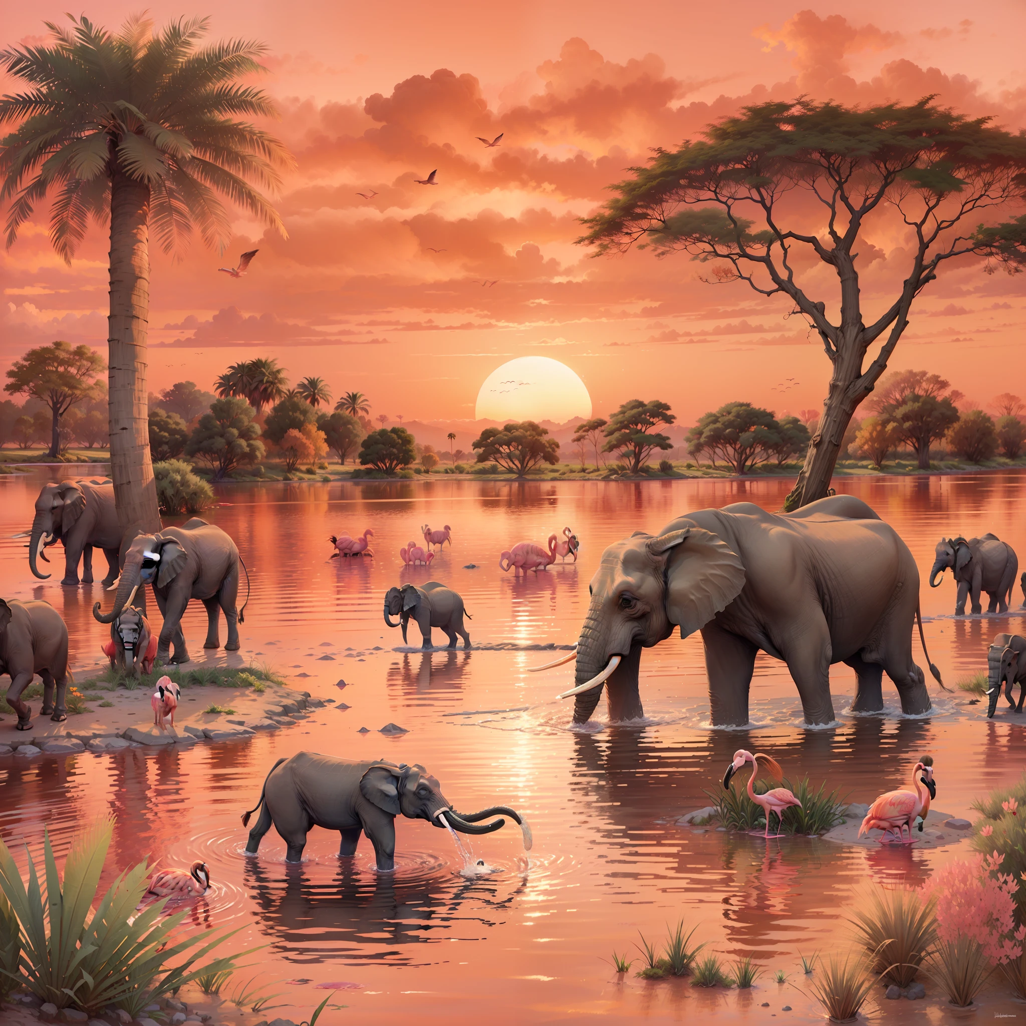 An African elephant family drinking water from a large lake at sunset, hippos, water buffalo, and flamingos visible in the pink and orange sky, palm trees bordering the lake.