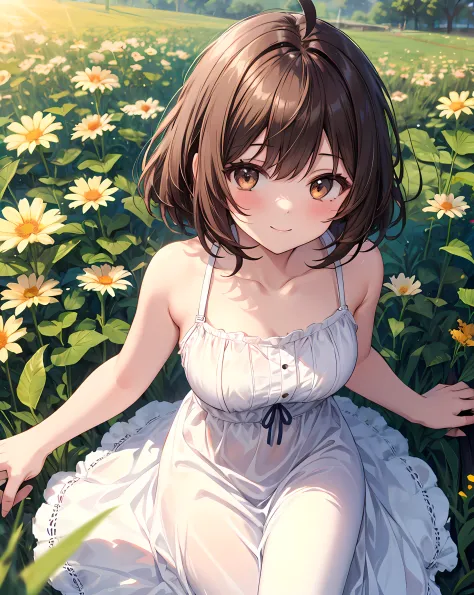 1girl, solo, ((masterpiece)), ((best quality)), ahoge, white sundress, flower field, sunny, summer, dress, sunlight, cool clothes, brown hair, brown eyes, smile, From  above