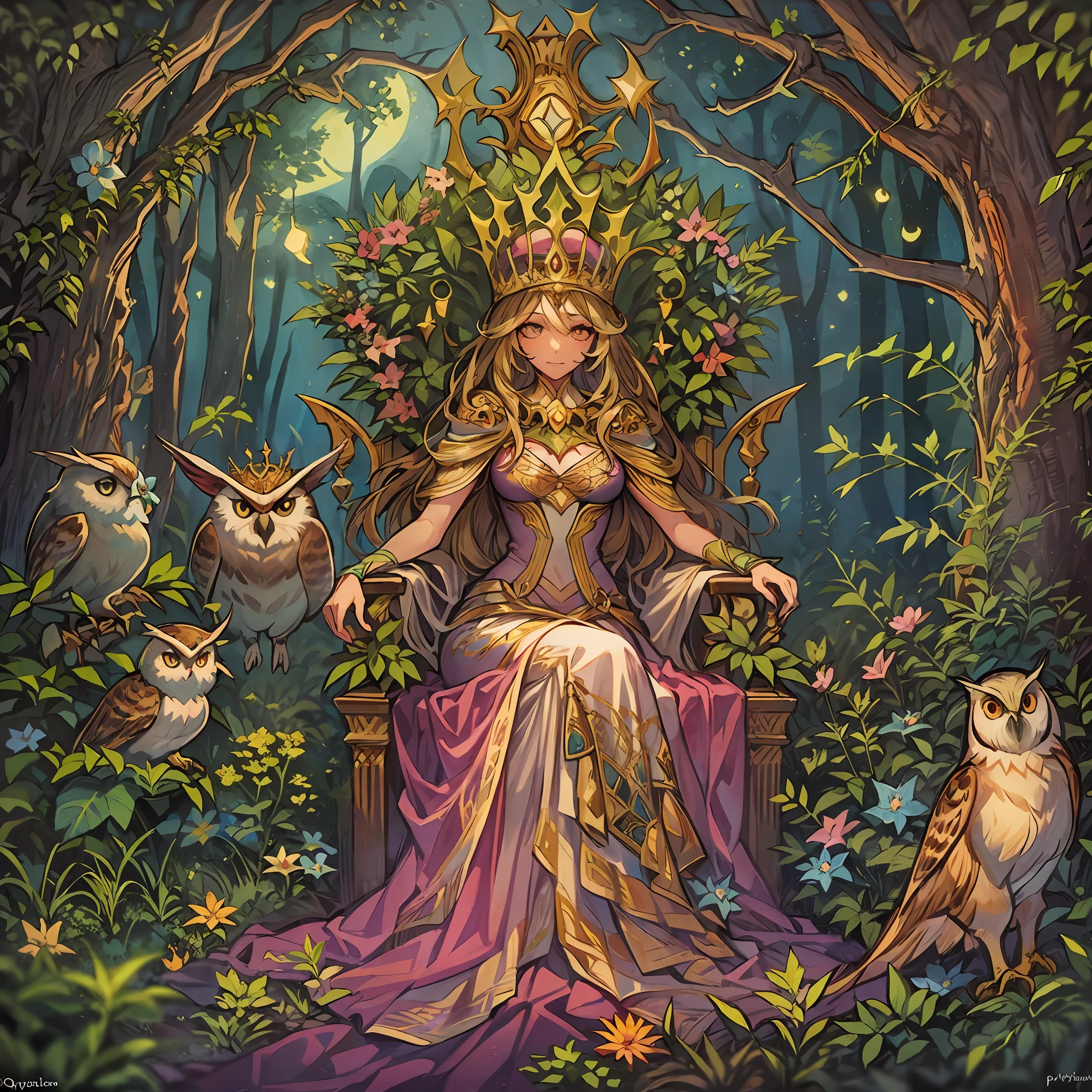 A throne formed of trees, plants and flowers, and a dryad queen seated on it. The queen wears a luxurious, Queen's skin is light brown., elaborate, and delicately decorated costume. A lush forest and moonlight illuminating the forest. The queen is accompanied by 1owl. Detailed drawings. Vivid colors. High image quality. PsyAI