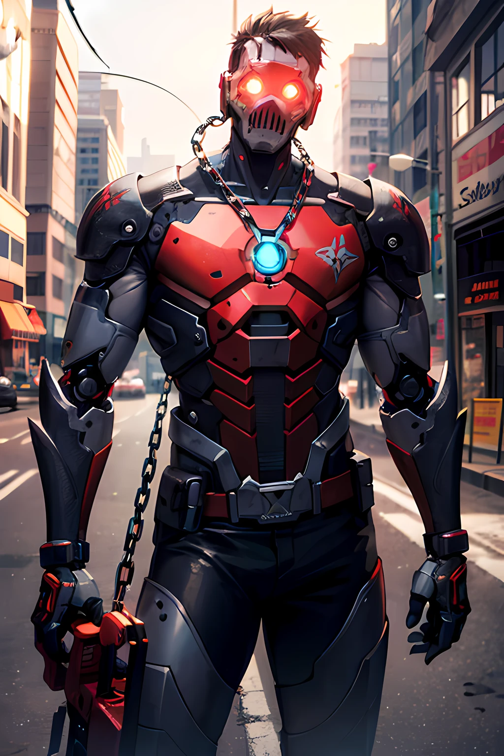 Dark_Fantasy,Cyberpunk,(chain saw,chain saw man,Red:1.1),1man,Mechanical marvel,Robotic presence,Cybernetic guardian, wearing a worn-out mech suit, intricate, (steel metal [rusty]), elegant, clear focus, shot by greg rutkowski, soft lighting, vibrant colors, masterpiece, ((street)), cowboy shot, dynamic pose,