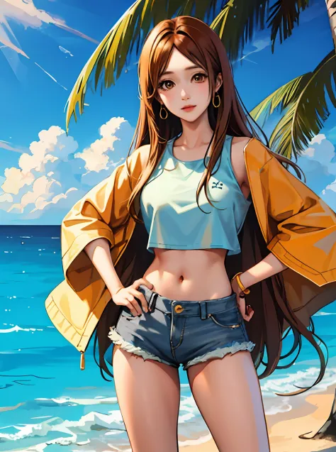 masterpiece, best quality, portrait of orihime inoue in her 20s, solo, brown eyes, gray crop top, denim shorts, jewelry, nice ha...