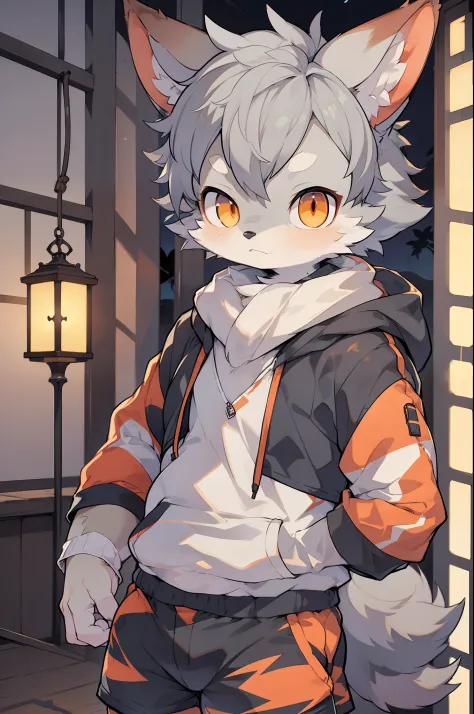 Shota,Furry,Cute,Lovely,Navy blue fur,White ears,Orange eyes,Hoodie,Gray shorts,Cold lamps,Night,Fantastic shadow light,Male,coyote,Large bulges in shorts,Blush,Looks shy
