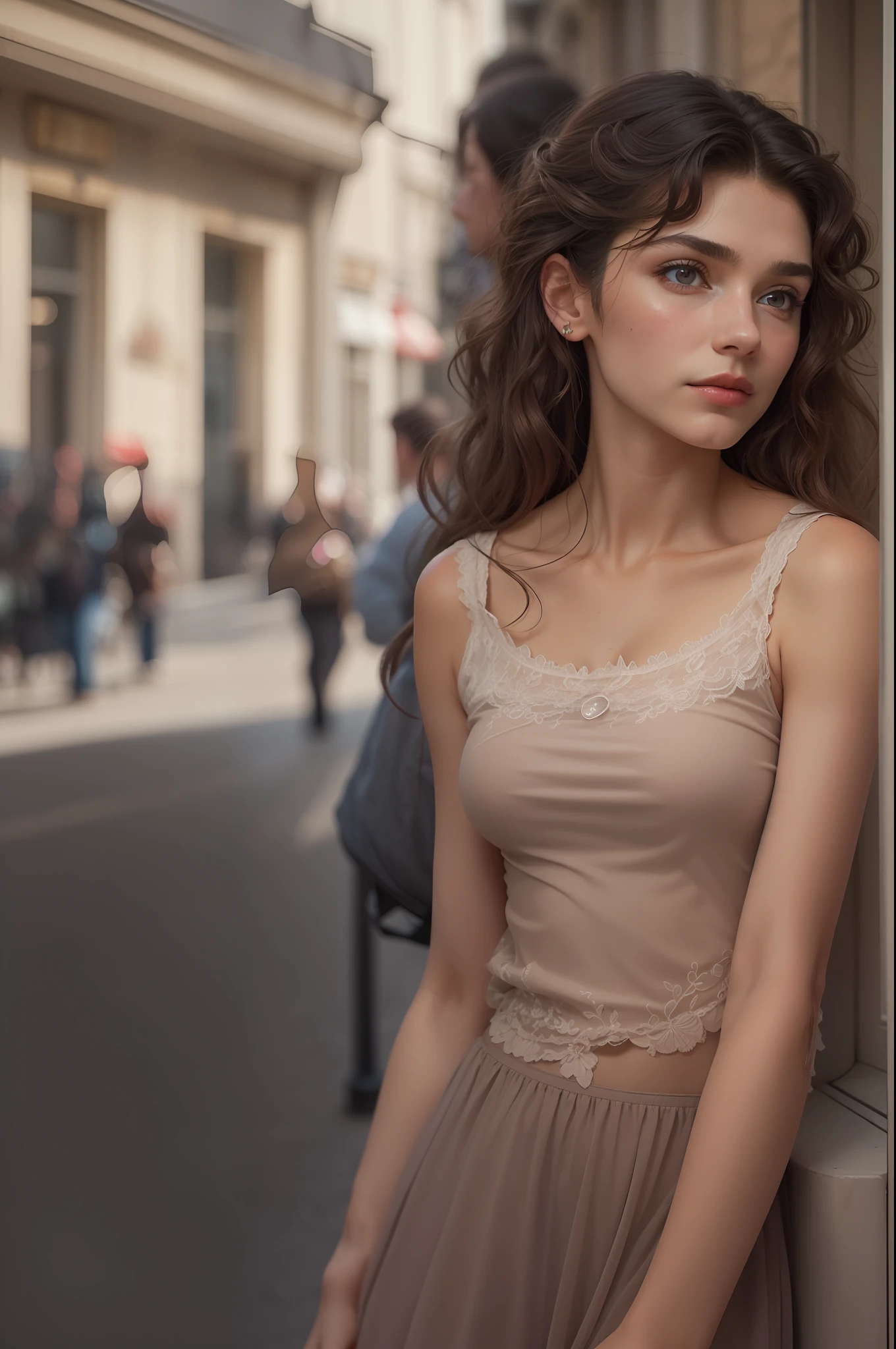 ((Andrey Tautou looks dreamy)), (she walks through a Parisian shopping street), ((she has small round breasts)), (kleiner Kopf), ((detailliertes Gesicht)), weiches filmisches Licht, ((((Kino-Look)))), (fotorealistisch), (Raytracing), (scharfer Fokus), ((natural realistic skin texture)), detailliertes Gesicht, detaillierte Lippen, detaillierte Augen, doppeltes Augenlid