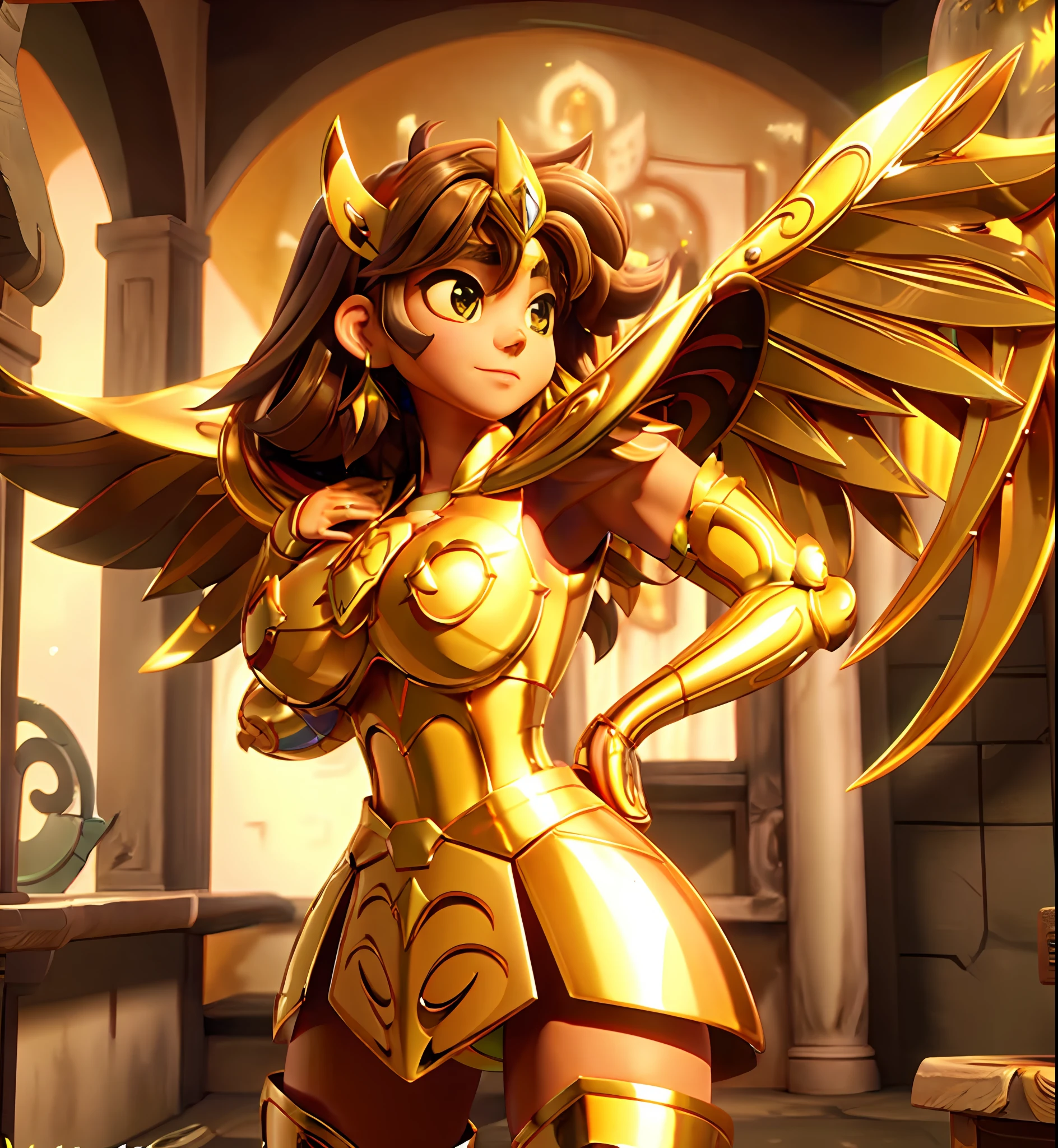 Plump breasts， Ultra-high saturation（tmasterpiece）， fully body photo，（best qualtiy）， （1girll），super wide shot， sface focus， Wearing golden Sagittarius armor， sexy armor，No underwear，Naked，Bling armor，Fine fine skin，Expose your chest，Expose the waistline，Exposing thighs，cool-pose， Saint Seiya Armor， messy  hair，highly detailed realistic photograph of, (((cellshading))), god light, super sharp focus, Ultra high quality, vibrant, (extremely giant breasts:1.7), (Bare breasts:1.4), Shiny latex, , Long hair, (Shiny skin:1.4), shiny lip, Very big ass, Symmetrical detail surfaces, shades, Sexy, Masterpiece，Ultra-high saturation，hight contrast，High-gloss armor，Smooth skin，Enchanted expression，Brown hair，The back has wings，long golden wings