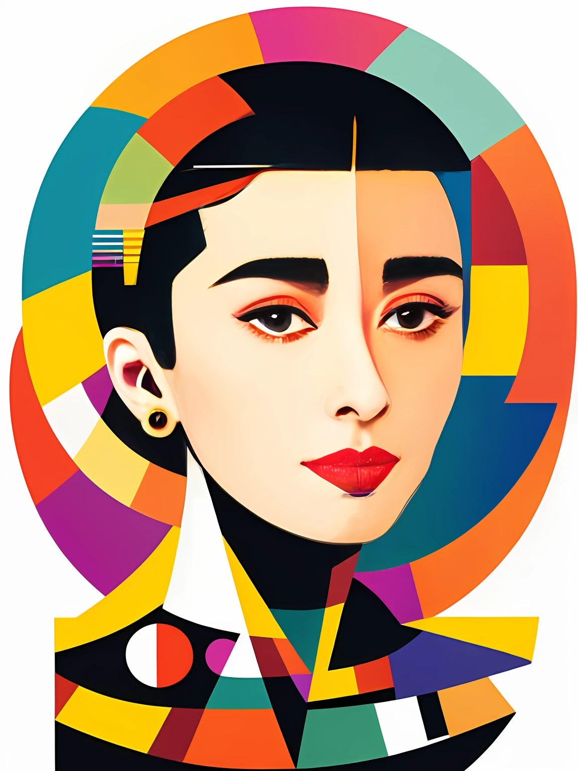 （Obra de arte de Kandinsky:0.7), Audrey Hepburn，Primer plano de avatares de personajes，Imágenes nítidas, 8k, luz de llanta, ilustración plana，diseño,corriente de marea，papa，Figura geométrica，bloqueo de color，collage