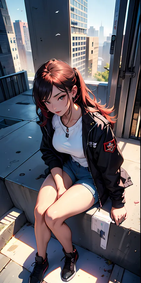 ​masterpiece、Top image quality、1人の女性、Beautiful woman sitting on the stairs、Long hair swept away by the wind、Legs wide open、Hands between the legs、(Military jacket、No shoulder shirt)、Jeans shorts、Detailed facial expressions、Detailed eye、Detailed nose、Detail...