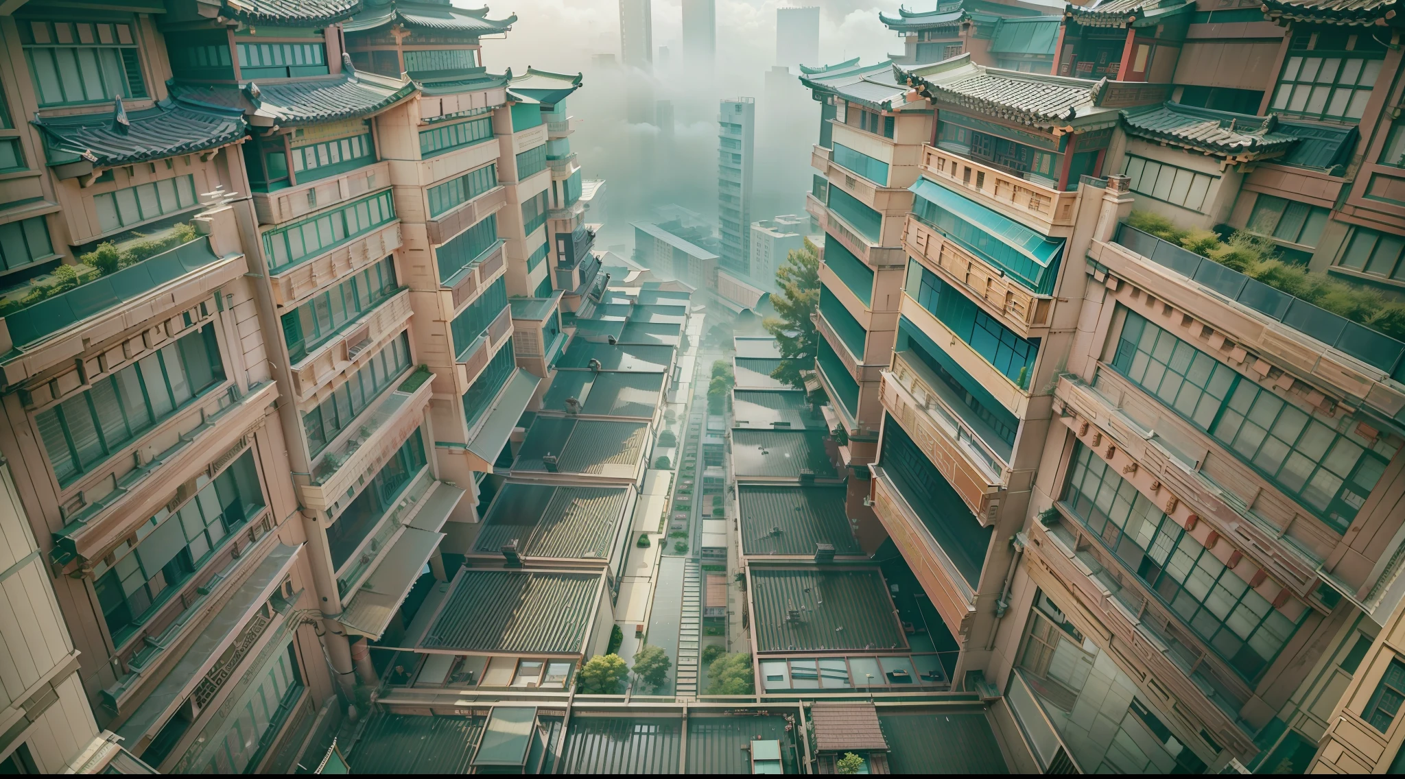 Chinese-style architecture,Vaporpunk,城市,Dense structure,A small number of high-rise buildings,the street,Rainy days,vapor,​​clouds,foggy,sci fi art,Wide angle lens,Top view