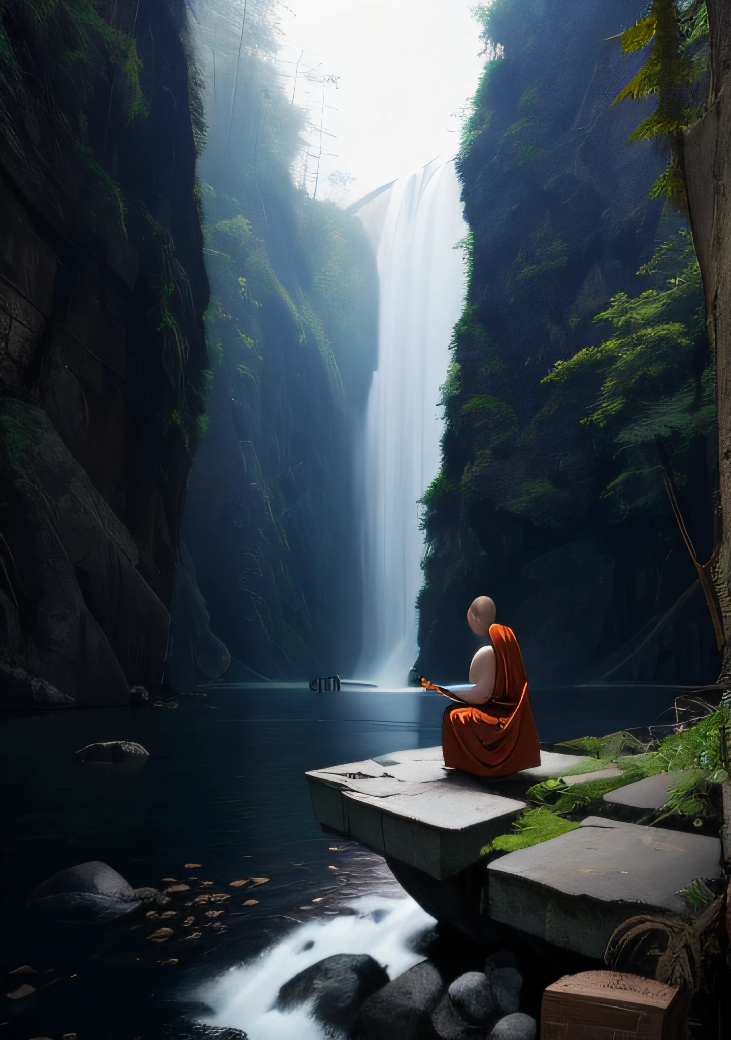 um monge está meditando, vestindo um manto amarelo no templo, O templo fica no rio flutuante, foto crua, foto surreal, motor irreal 4, 8K, super afiado, cores detalhadas, ampla cobertura de cores, detalhe de cena extremo, sombreamento, Anti-aliasing, Detalhes do erro de anti-aliasing, foto bruta, imagem surreal, motor irreal 4, 8K, super afiado, cores detalhadas, ampla cobertura de cores, detalhes de cena extremamente altos,  sombreamento, Anti-aliasing, Detalhes do erro de anti-aliasing, foto bruta, foto surreal, motor irreal 4.8K, super afiado, cor detalhada, ampla cobertura de cores, detalhe de cena objeto extremamente alto, (8K, Foto CRU, melhor qualidade, obra-prima: 1.2), (realista, foto-realista: 1.37), estilo modelshoot, (extremamente detalhado CG unidade 8K papel de parede), pintura a óleo majestosa profissional de Ed Blinkey, Atey Ghailan, Estúdio Ghibli, por Jeremy Mann,  Greg Manchess, Antonio Moro, tendências no artstation, tendências na CGSociety, Intrincado, alto detalhe, foco nitído, dramático, pintura artística fotorrealista por midjourney e greg rutkowski, detalhe da cena objetos extremos, sombreamento, Anti-aliasing, suavização de detalhes de erro