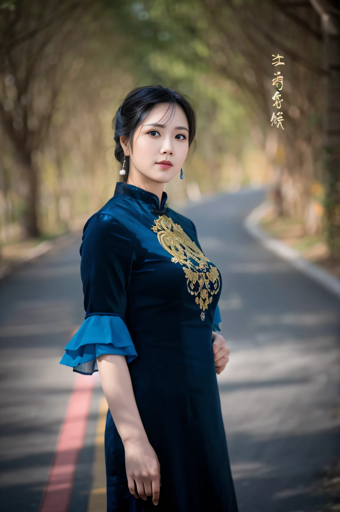 An Arad woman in a blue dress stands on the road, wearing a blue qipao dress, in a blue qipao, Cheongsam, song nan li, inspired by Zhang Zeduan, Yun Ling, cover photo portrait of du juan, ao dai, Chinese woman, inspired by Song Xu, inspired by Jiang Tingxi, Inspired by Tang Yifen，4k quality，Ultra HD face detail，Textured skin，HighestQuali，Vertical painting shadows，atmospheric distance sense，Smile confidently，45-year-old middle-aged woman --auto