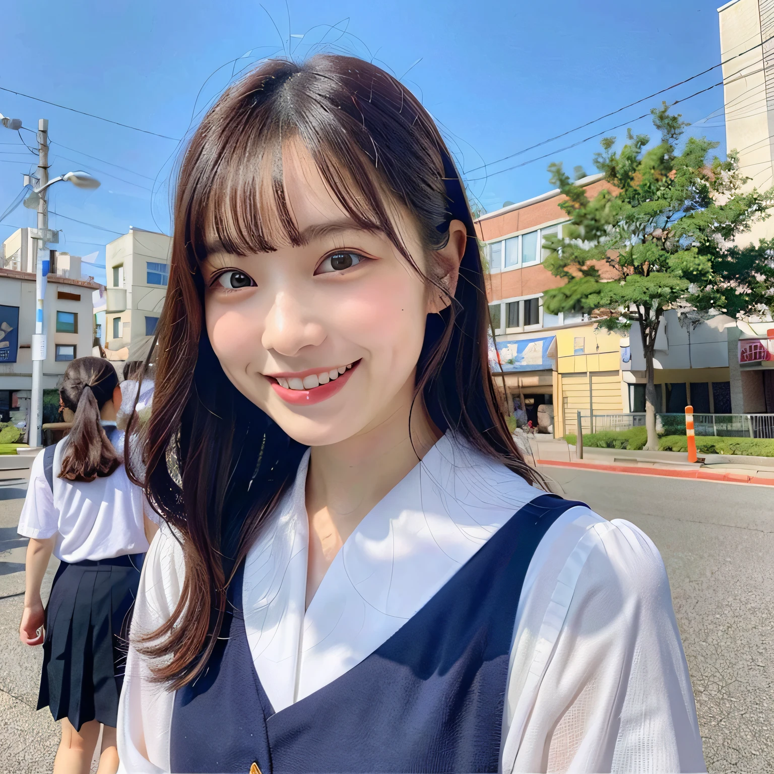 (8K、top-quality、​masterpiece:1.2)、(realisitic、Photorealsitic:1.37)、Ultra-detail、1 girl in、solo、a very cute、Beautiful detailed sky、(a smile:1.2)、(Bewitching laughter)、beatiful detailed eyes、floting hair,(Uniforms:1),stockings,full bodyesbian,street,thin