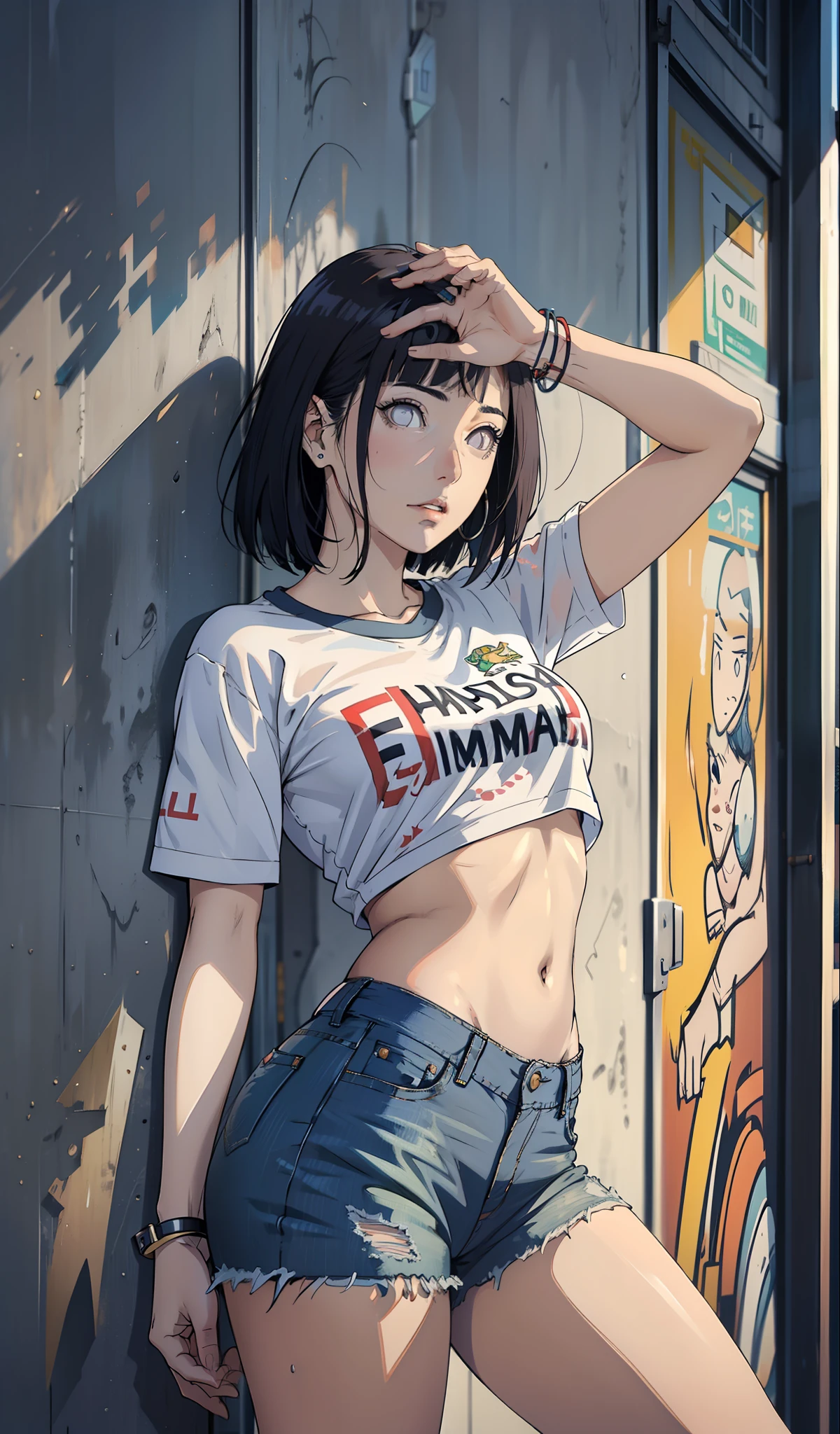 Hinata Hyuga, sehr sinnlich, mit ausgefallener Lacoste-Kleidung, Oakley Juliet, Brasilianer, In der Stadt Rio de Janeiro, Brasilien, Tanz-Funk, rollen, Großer Arsch, dicke Beine, trägt extrem kurze Jeansshorts, zeigt ein Stück Arsch, Kurze Micro-Shorts,  trägt eine Minibluse, Nabel mit Pirsing, Turnschuhe Nike, lange Haare, JBL-Lautsprecher im Hintergrund, Favela im Hintergrund, Peripherie im Hintergrund, Ganzkörper, sehr realistisch, äußerst realistisch, extrem sexy, 8k, 8k extrem detailliert), (ein äußerst zartes und schönes), (erstes Werk), (Bessere Qualität: 1.0), (ultra highres:1.0)