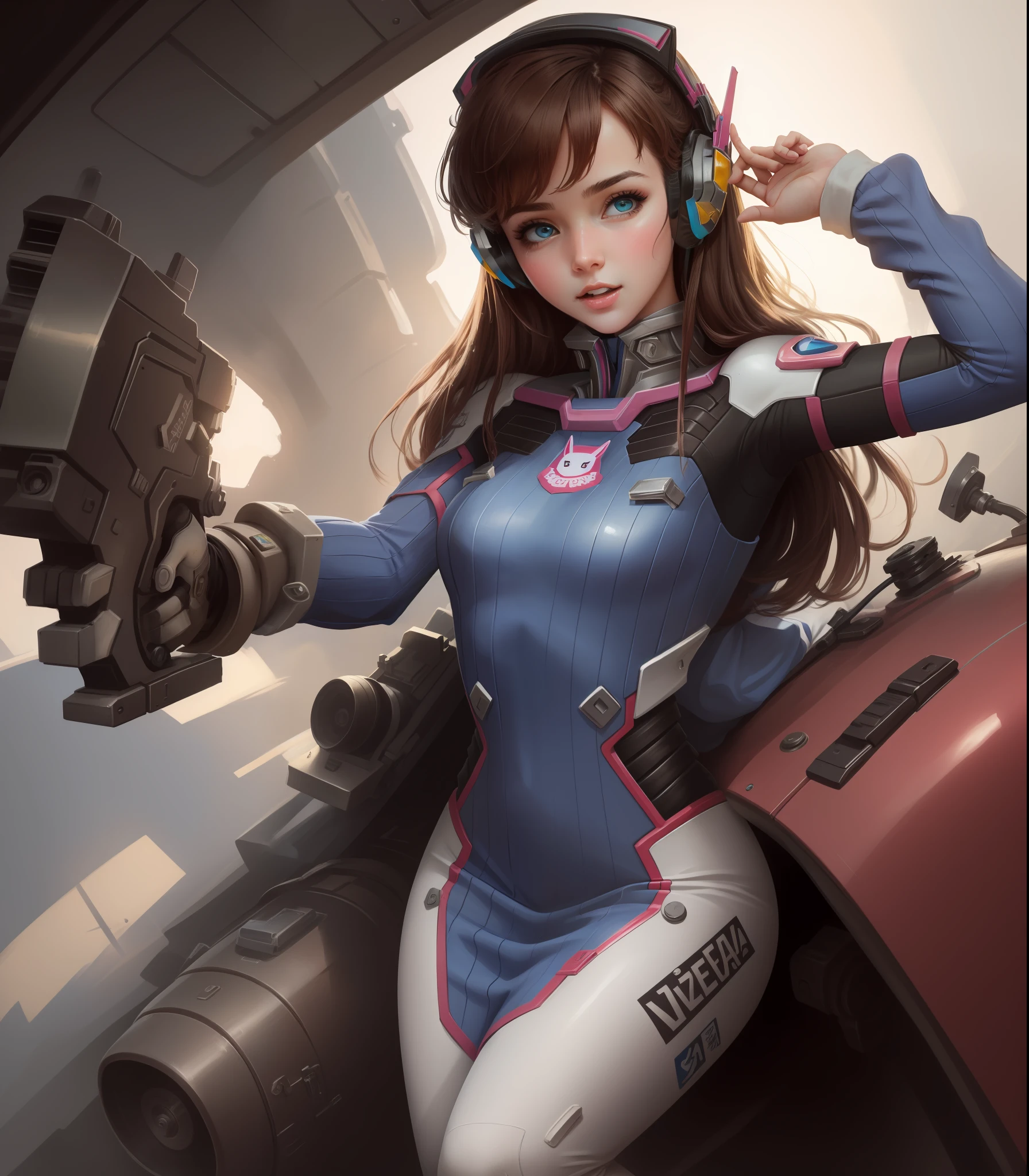 masterpiece, The best quality, high resolution, 1girl, ultrahigh resolution, only, mecha pilot, D.and, headphones, pink eyes, Cat makes decoration, blue socks, brown hair, white gloves, (conductor: light gun)