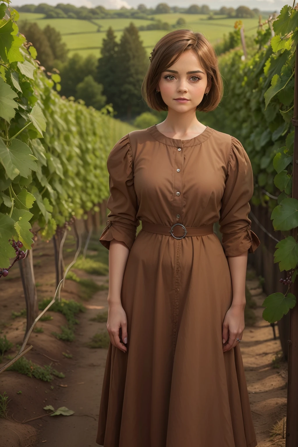 ((Jenna Coleman)), (she is standing between grapevines), ((she harvests grapes)), ((Sommersprossen)), ((she has round breasts)), (kleiner Kopf), ((detailliertes Gesicht)), Weiches filmisches Licht, ((((Kino-Look)))), (fotorealistisch), (Raytracing), (scharfer Fokus), ((natural realistic skin texture)), detailliertes Gesicht, detaillierte Lippen, detaillierte Augen, doppeltes Augenlid, ((she wears a brown cotton open sheath dress))